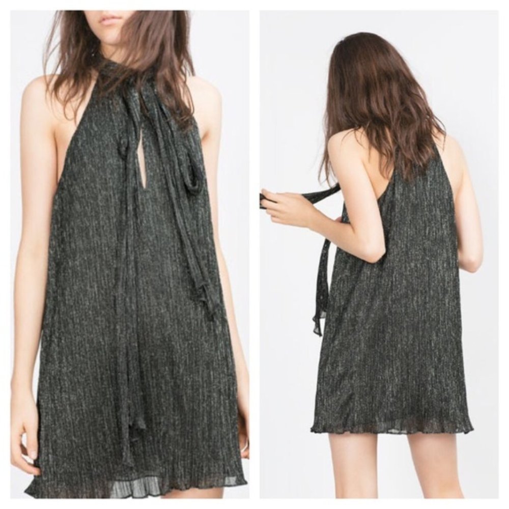 Zara Woman Shiny Short Dress Halter Long Tie Ribbon Size M NWT Metallic